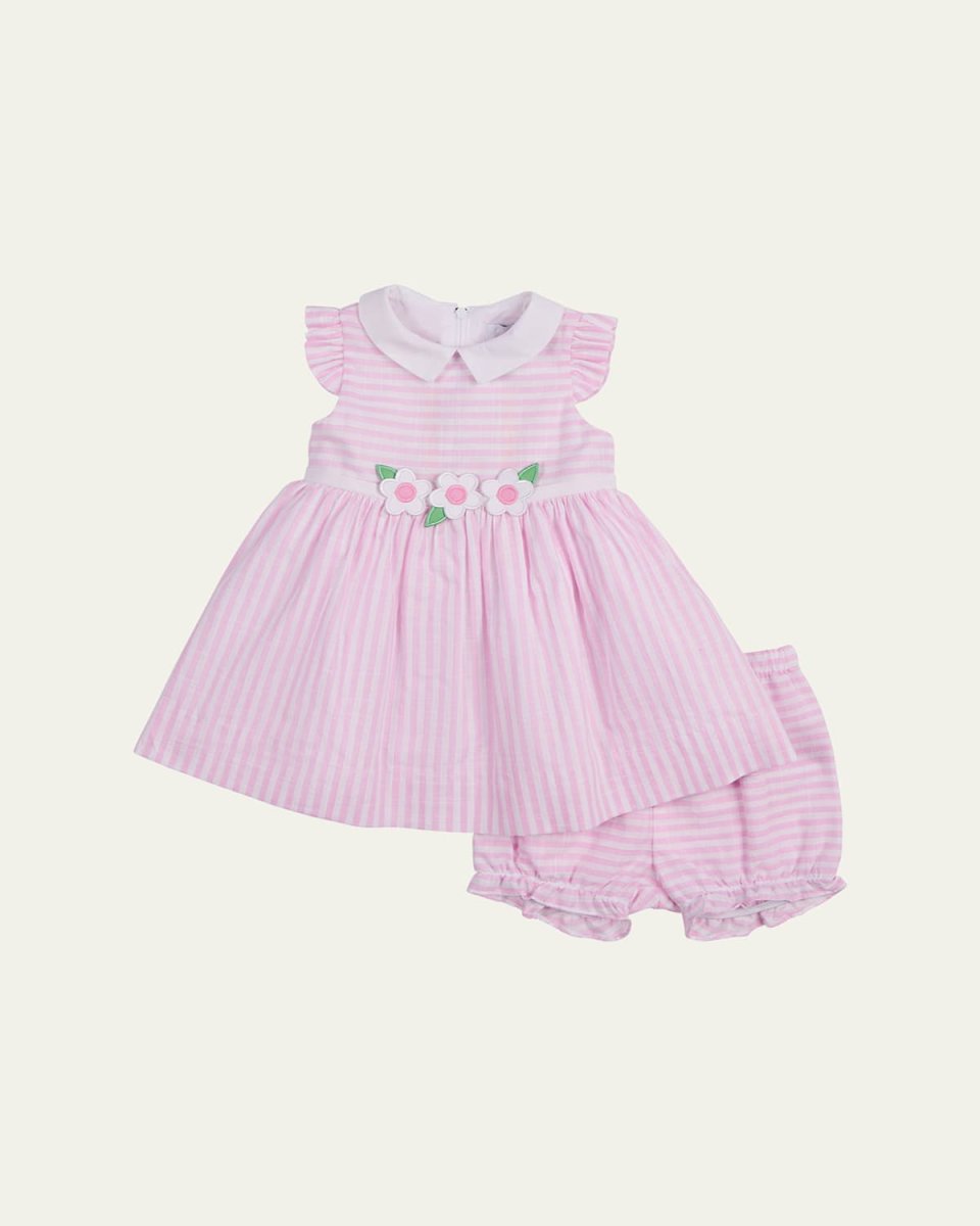 Girl's Floral Embroidered Stripe Dress with Bloomers, Size 3M-24